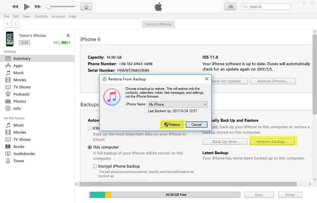 restore from iTunes backup