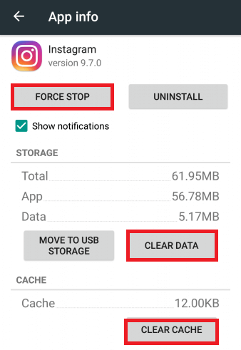 clear app data and cache of Instagram app