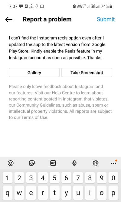 report problem to instagram
