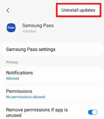 uninstall updates samsung pass1