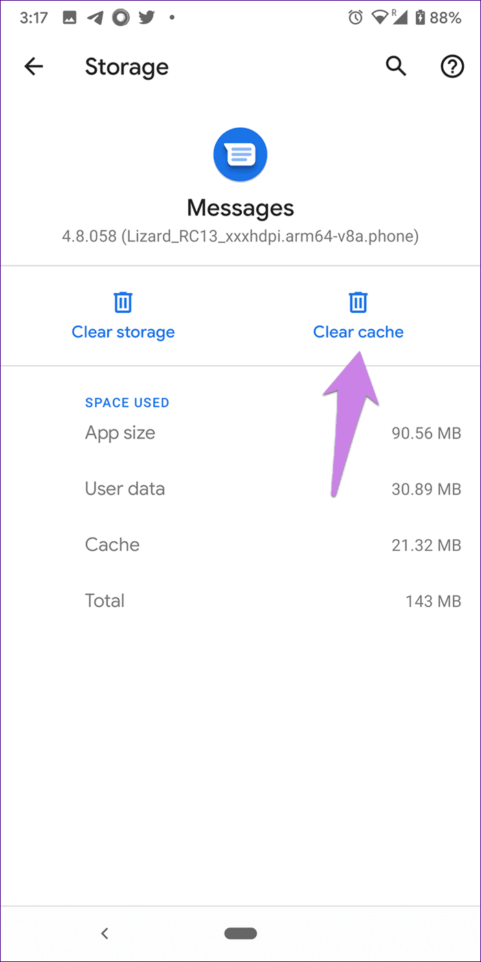 clear cache messages app